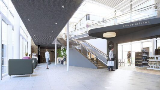 Sfeerimpressie linkerzijde centrale hal ziekenhuis Tjongerschans Sfeerimpressie linkerzijde centrale hal ziekenhuis Tjongerschans