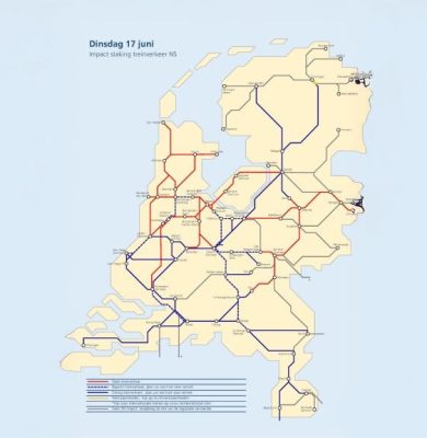 De impact van de staking op dinsdag 17 juni. De rode lijn betekent dat er geen treinverkeer is. © NS