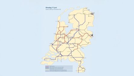 De impact van de staking op dinsdag 17 juni. De rode lijn betekent dat er geen treinverkeer is. © NS