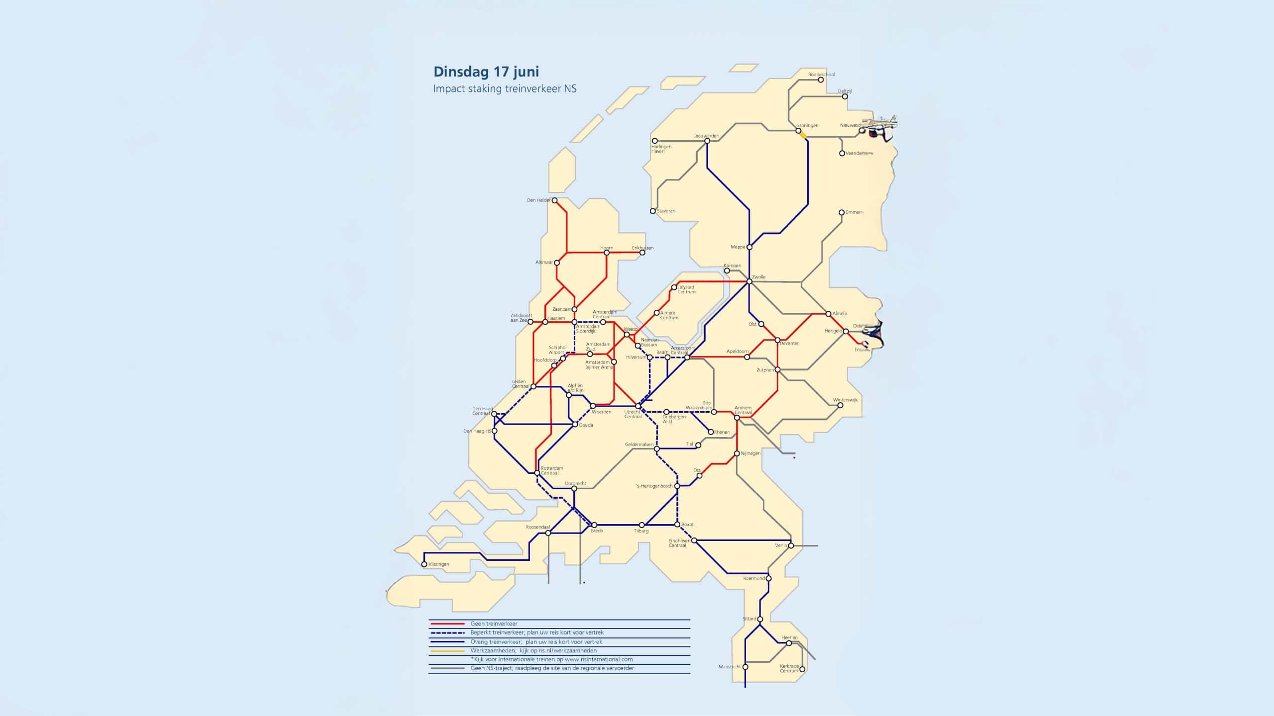 De impact van de staking op dinsdag 17 juni. De rode lijn betekent dat er geen treinverkeer is. © NS
