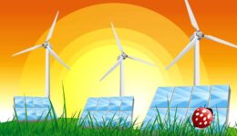 Panels with solar cells and wind generators on a green field with blue sky stock photo