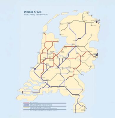De impact van de staking op dinsdag 17 juni. De rode lijn betekent dat er geen treinverkeer is. © NS