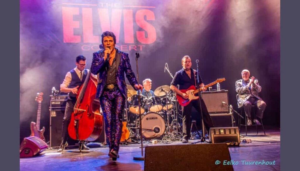 Elvis Presley tribute band performing live on stage at RTV SLOS, capturing the iconic rock 'n' roll style.