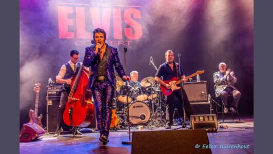 Elvis Presley tribute band performing live on stage at RTV SLOS, capturing the iconic rock 'n' roll style.