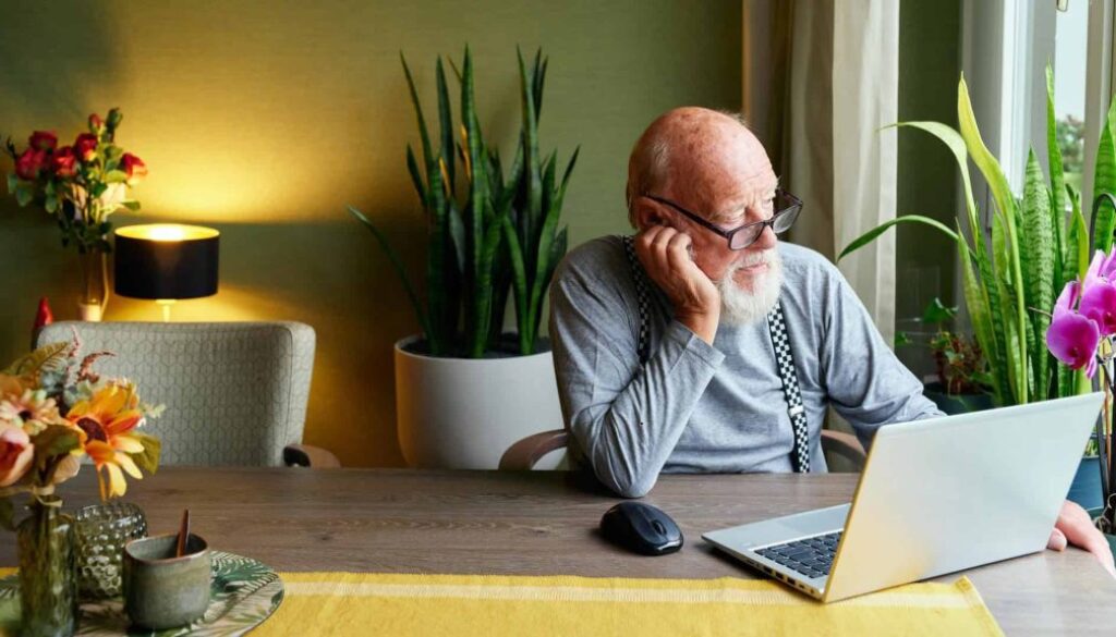 Knusse woonkamer met oudere man workend op laptop, omringd door groene planten, bloemen en sfeervol licht, perfect voor een gezellige en rustgevende sfeer.