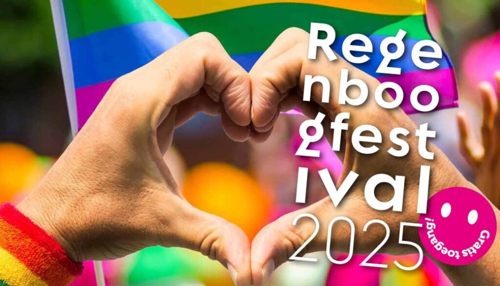 Kleurrijke handen vormen een hart tijdens het LGBT+ Pride Festival 2025 met regenboogvlag in de achtergrond.
