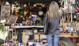 Kleine, lokale rommelmarkt met diverse gebruikte items, speelgoed, gereedschap en retro-objecten, ideaal voor verzamelaars en scharrelaars. Een vrouw bekijkt enthousiast de verschillende koopwaar.