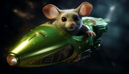 Kleine muis in een groene futuristische ruimtevaartuig, 3D-animatie, kindvriendelijk, avontuur, fantasie, high-tech, snel, sci-fi stijl, entertainment.