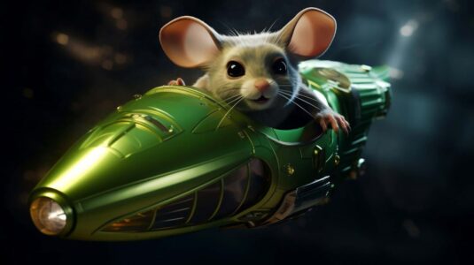 Kleine muis in een groene futuristische ruimtevaartuig, 3D-animatie, kindvriendelijk, avontuur, fantasie, high-tech, snel, sci-fi stijl, entertainment.